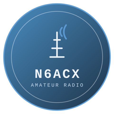 Concept 2 -- Callsign Badge: circular amateur-radio emblem with antenna icon and radio waves